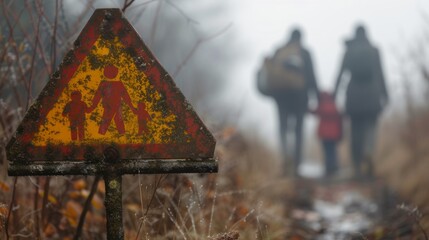  A family is blurred in the distance, walking past a battered pedestrian warning sign on a misty path.