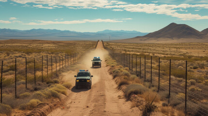  Border patrol cars drive along a desert road next to a tall security fence under a clear sky. - obrazy, fototapety, plakaty