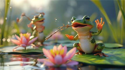 Naklejka premium A frog playing a tet made out of a reed while his lily pad bandmates spontaneously breakdancing around him.