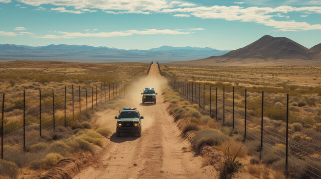  Border patrol cars drive along a desert road next to a tall security fence under a clear sky.