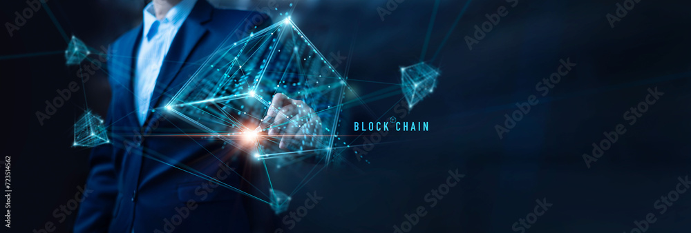 Aufkleber Blockchain technology, Businessman touch blockchain icon on structure global network. Chain of encrypted blocks to secure of business data information of global connected. security binary coded.
