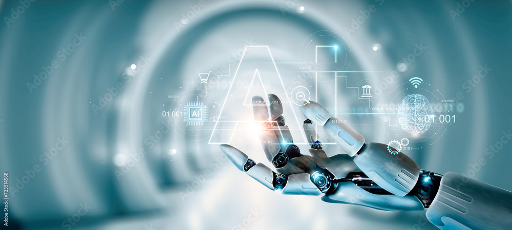 Fototapete AI, Machine learning, Hand of robot providing access to business of big data on Global network, Internet and digital technology, Data science and artificial intelligence digital technologies.
