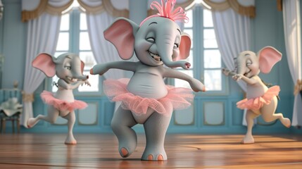 A clumsy elephant ballerina wearing a tutu struggles to balance on her tip toes while her fellow dancers try to catch her before she falls in this cartoon scene. - obrazy, fototapety, plakaty