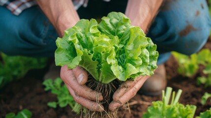 Farmer close-up holding and picking up green lettuce salad leaves with roots