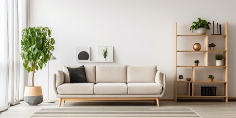 Modern living room in modern apartment with white walls, featuring sofa, shelf, and rug.