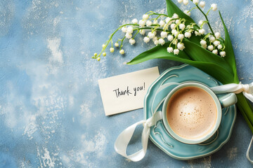 Morning Gratitude with Coffee.
Coffee cup with lily of the valley bouquet and a thank-you note, expressing gratitude.