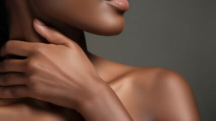 Close-Up of a Graceful Woman Touching Her Neck. Beauty and Skincare Concept