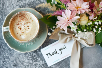 Warm Thanks Over Coffee.
A warm cup of coffee next to a "Thank you!" card and a bouquet, tied with a ribbon.