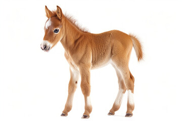 Close up photograph of a full body foal isolated on a solid white background	