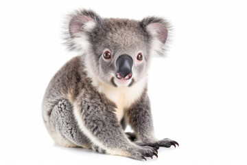 Close up photograph of a full body koala isolated on a solid white background	