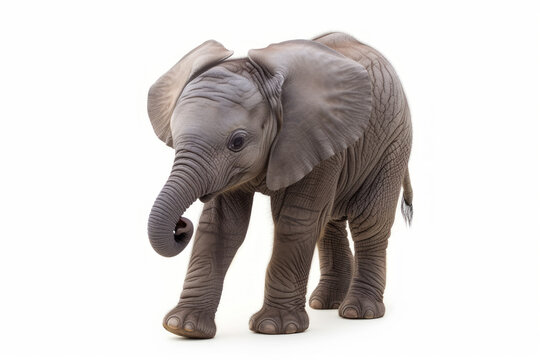Close up photograph of a full body baby elephant isolated on a solid white background	