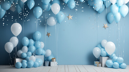festive birthday party background with festive blue balloons decoration