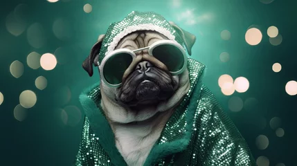Tuinposter Funny Pug dag sunglasses fashion green costume on light bokeh background. St.Patrick’s Day. greeting card. presentation. advertisement. invitation. copy text space. © CassiOpeiaZz