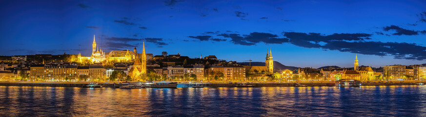 Budapest Hungary, night panorama city skyline at Matthias Church Fisherman's Bastion and Danube...