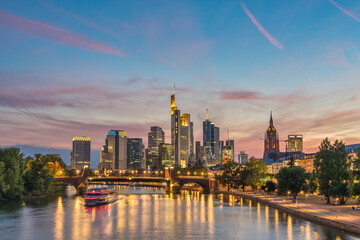 Frankfurt Germany, sunset city skyline at Main River and business skyscraper