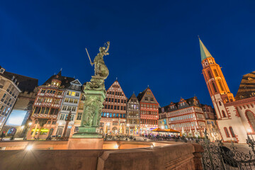 Frankfurt Germany, night city skyline at Romer old town square - obrazy, fototapety, plakaty