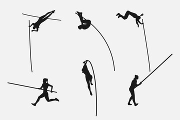 Vector set of silhouettes of pole vault. sports, athletics, activity themes. Isolated on white background. vector illustration. - obrazy, fototapety, plakaty