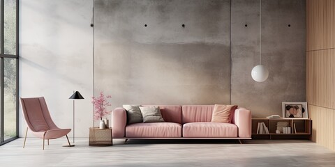 Contemporary minimalist studio with a blend of wooden and concrete textures, featuring wire-frame and high-quality pink furniture.