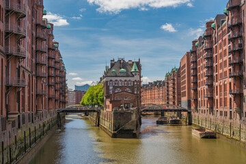 Hamburg Germany, city skyline at Speicherstadt and canal
