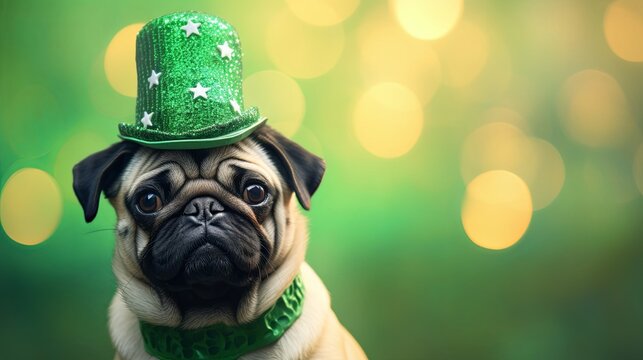 Pug dag fashion green hat costume on light golden bokeh background. St.Patrick’s Day. greeting card. presentation. advertisement. invitation. copy text space.