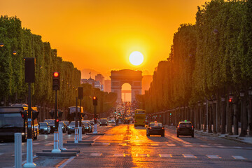 Paris France, city skyline sunset at Arc de Triomphe and Champs Elysees - obrazy, fototapety, plakaty