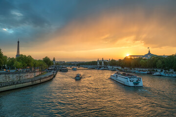 Naklejka premium Paris France, city skyline sunset at Seine River with Pont Alexandre III bridge and Grand Palais