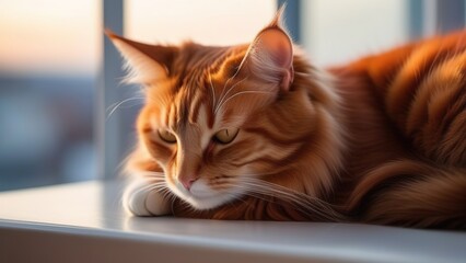 A red-haired cat sleeps on the windowsill, illuminated by the morning rays of the sun. The life of a cat. the cat sleeps on the windowsill of the house