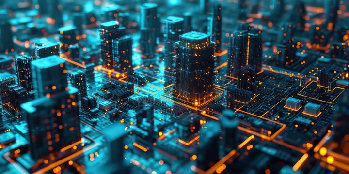 Future of construction, where an artificial chip intelligence-powered CPU processor unit seamlessly the vast expanse of cyberspace, all powered by big data.