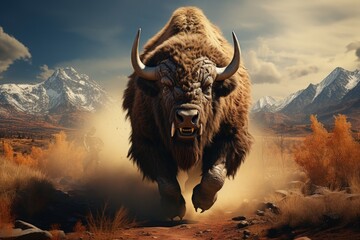 A powerful bison roaming the American prairies