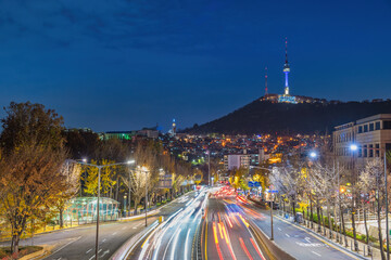 Seoul South Korea, night city skyline at Itaewon view from Noksapyeong Bridge in autumn
