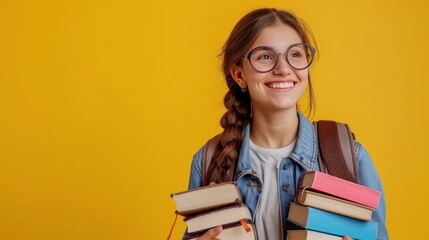 Happy teen student lady with backpack in glasses hold many books, enjoy study, learn, isolating on yellow studio background. Education at university, lifestyle, project, homework and library