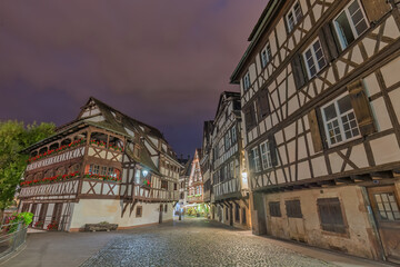 Strasbourg France, Colorful Half Timber House night city skyline
