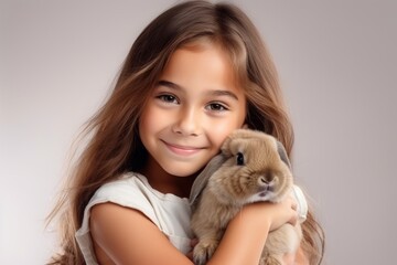 Obraz premium A beautiful girl is holding an American Fuzzy Lop rabbit, funny bunny.