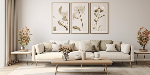 Modern, stylish living room with neutral sofa, furniture, mock up poster frames, dried flowers, coffee tables, and elegant decor.