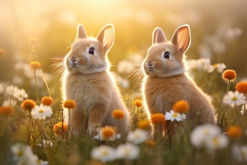 two cute American Fuzzy Lop rabbit, funny bunny on the grass in flowers.