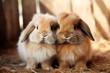 two cute American Fuzzy Lop rabbit, funny bunny.