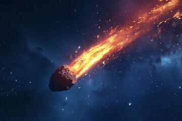 Fototapeta premium A meteorite is flying in space against a dark sky background.