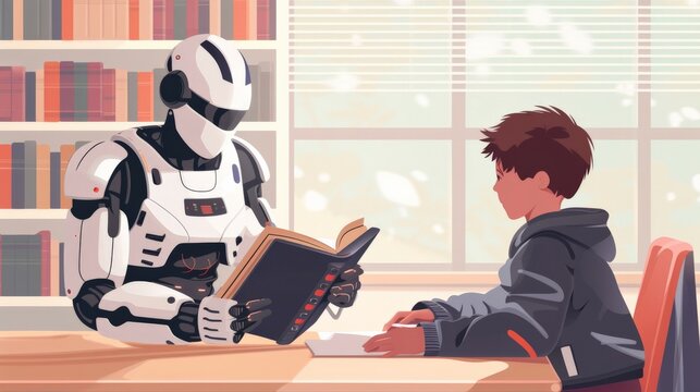 Innovative AI robot tutor helping a teenage boy with homework, they are reading books together, human-robot interaction concept