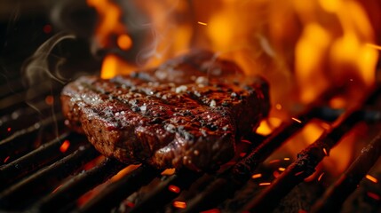 Juicy bloody steak on the grill against the background of flames. Shallow depth of field