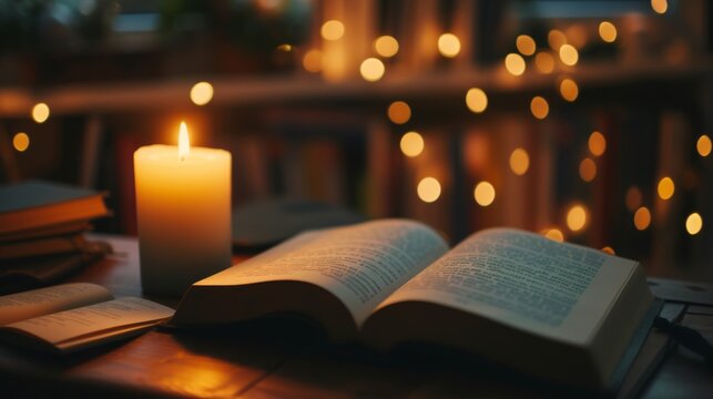 Image of an open book on a desk, surrounded by scattered notes and a lit candle