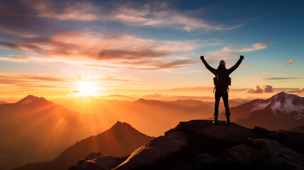 Triumph at Twilight. Adventurous Hiker Celebrating on Mountain Summit at Sunset. Achievement and Nature's Majesty