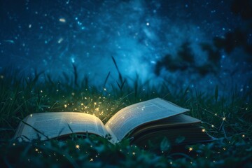 Image of an open book on a grassy field under a starry night sky. Pages illuminated by a small lantern, stars and constellations visible above, 