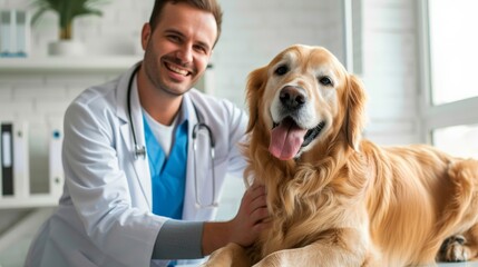 Medicine, pet, animals, health care and people concept - happy veterinarian or doctor with golden retriever dog at vet clinic