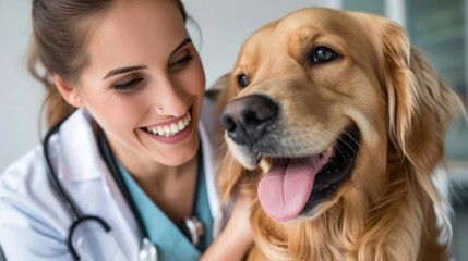 Medicine, pet, animals, health care and people concept - happy veterinarian or doctor with golden retriever dog at vet clinic