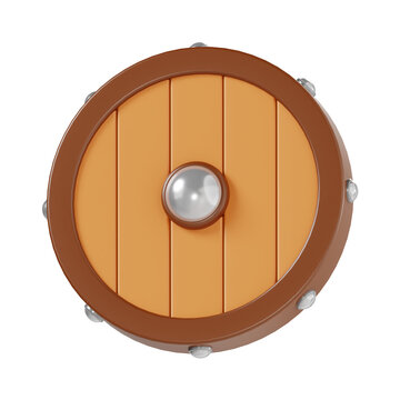 3d wooden shield icon illustration, transparent background, game asset 3d set
