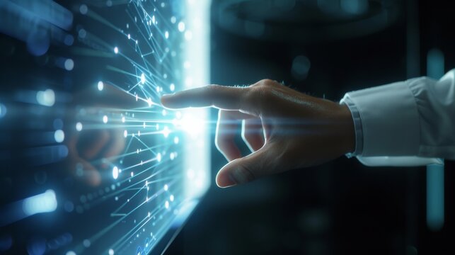 businessman hand operating a futuristic holographic interface, touching virtual buttons. Close-up of the hand against the hologram