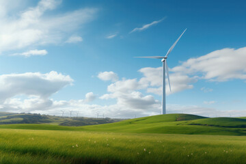 Wind turbine in green field symbolizing sustainable energy, AI Generative.
