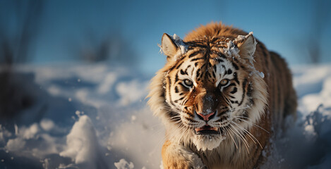 Un tigre de Sibérie marchant dans la neige, image avec espace pour texte. - obrazy, fototapety, plakaty