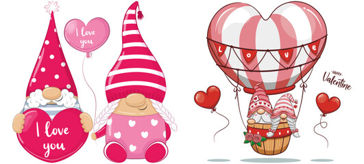 Set of Cute Cartoon Gnomes, Gnome in love, Gnome with heart