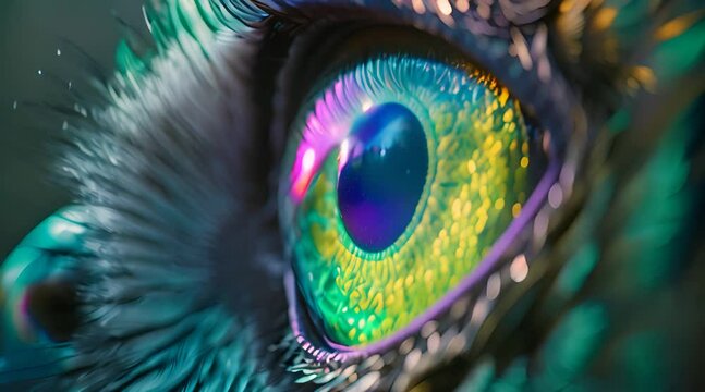 a close up of an eye with a green and blue iris